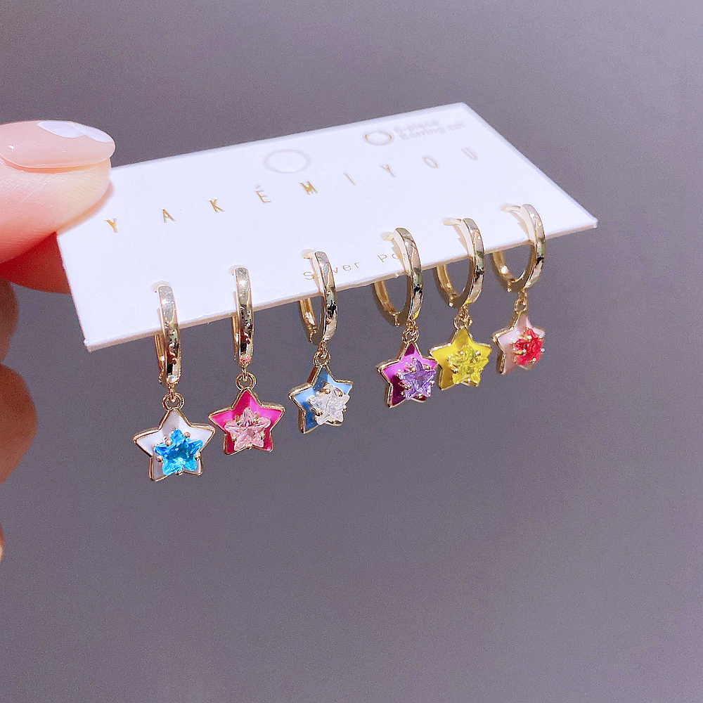 Yakemiyou Shiny Star Copper Enamel Zircon Dangling Earrings 6 Pieces