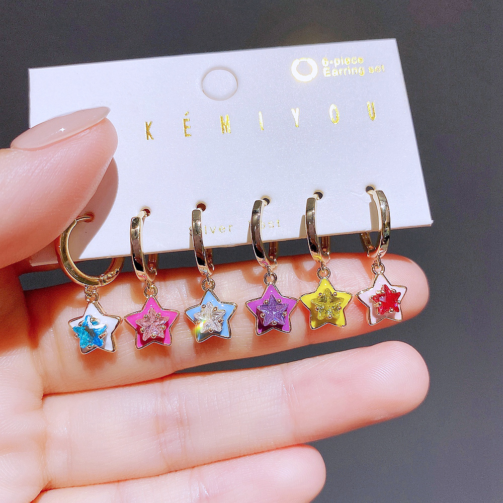 Yakemiyou Shiny Star Copper Enamel Zircon Dangling Earrings 6 Pieces