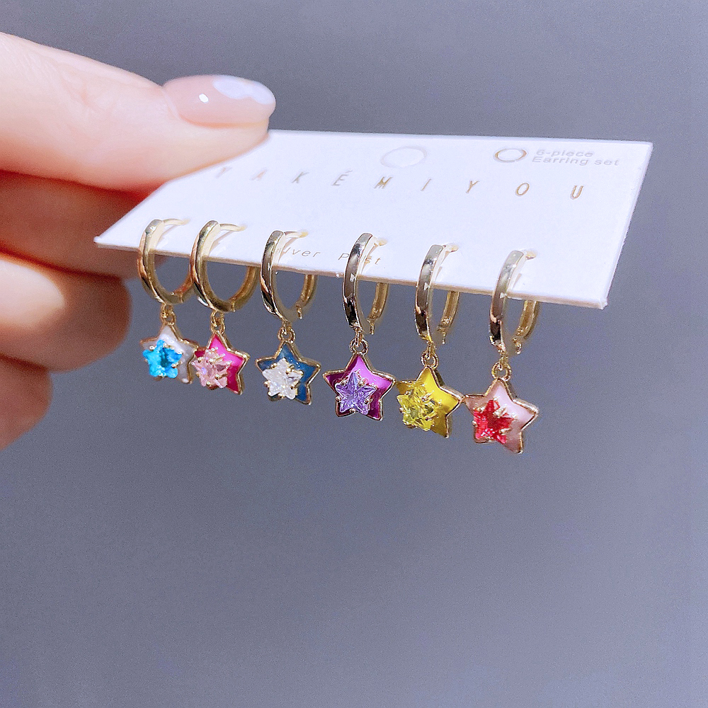 Yakemiyou Shiny Star Copper Enamel Zircon Dangling Earrings 6 Pieces