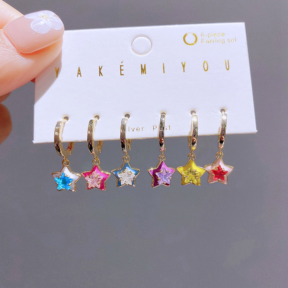 Yakemiyou Shiny Star Copper Enamel Zircon Dangling Earrings 6 Pieces