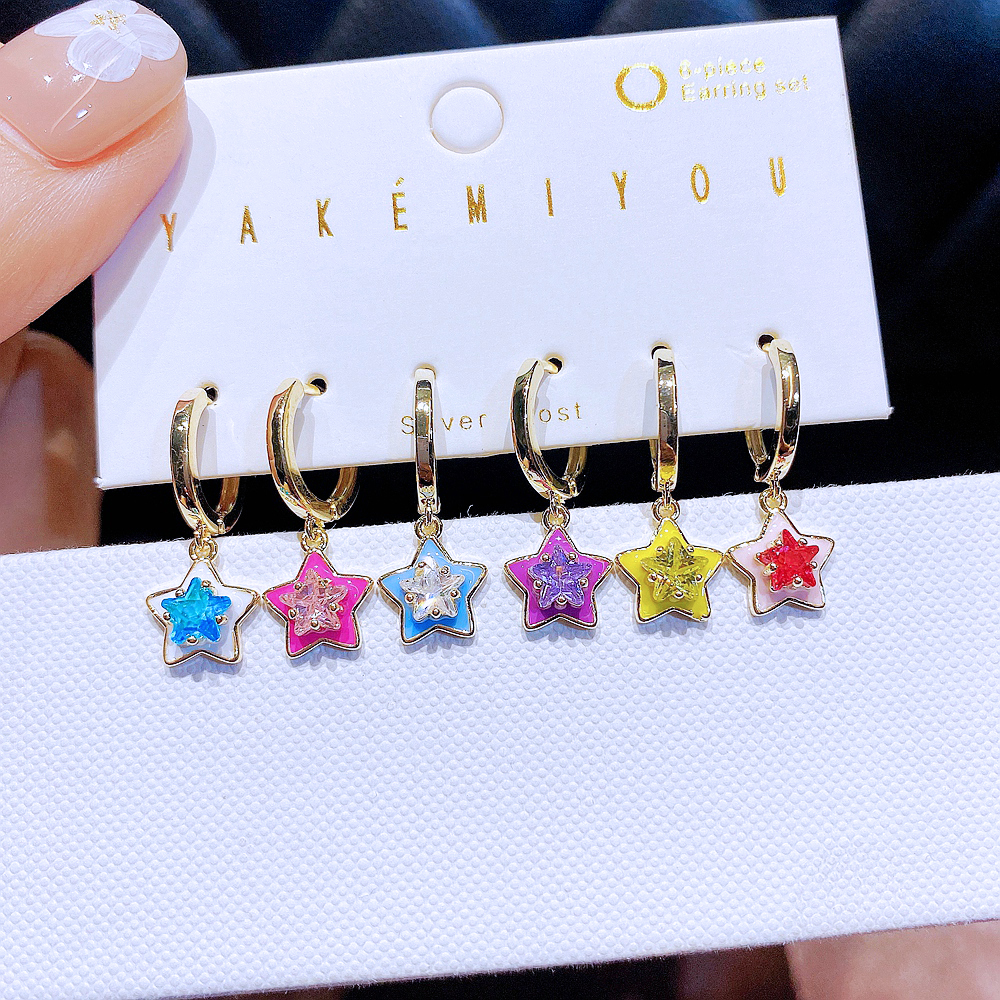 Yakemiyou Shiny Star Copper Enamel Zircon Dangling Earrings 6 Pieces