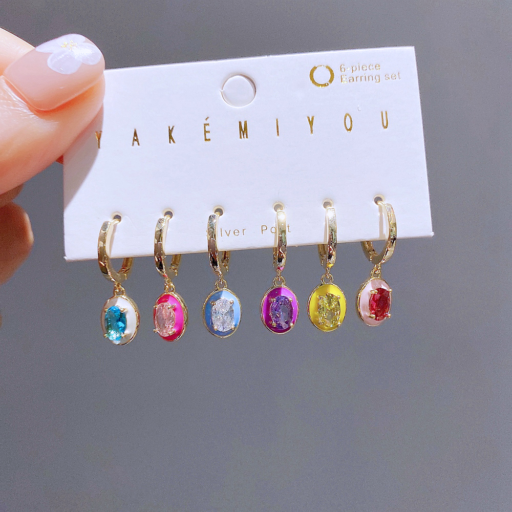 Shiny Oval Copper Enamel Zircon Dangling Earrings 6 Pieces