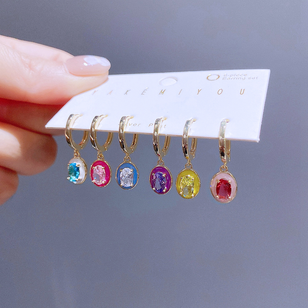 Shiny Oval Copper Enamel Zircon Dangling Earrings 6 Pieces