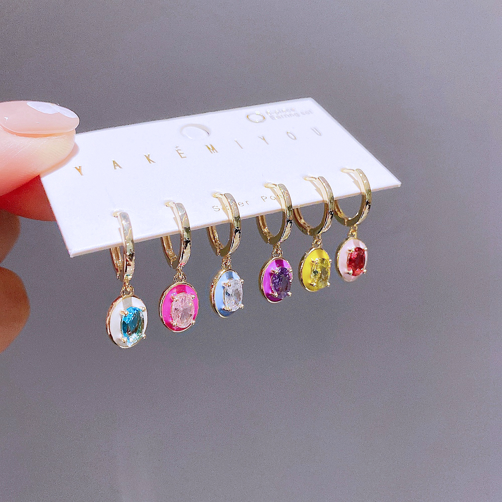 Shiny Oval Copper Enamel Zircon Dangling Earrings 6 Pieces