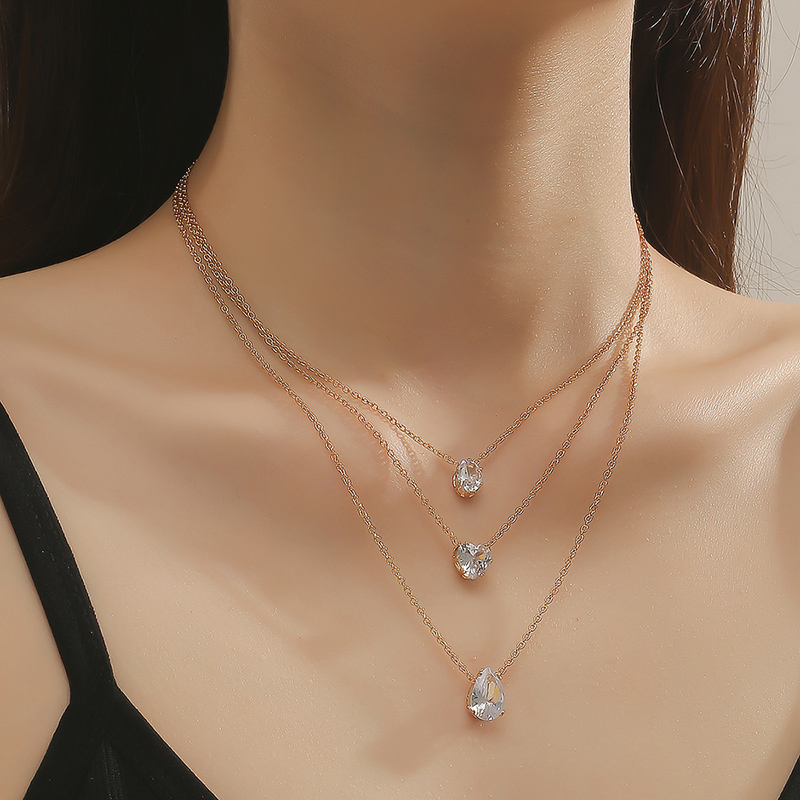 Luxurious Water Droplets Heart Shape Alloy Plating Zircon Womenu0027S Layered Necklaces 1 Piece