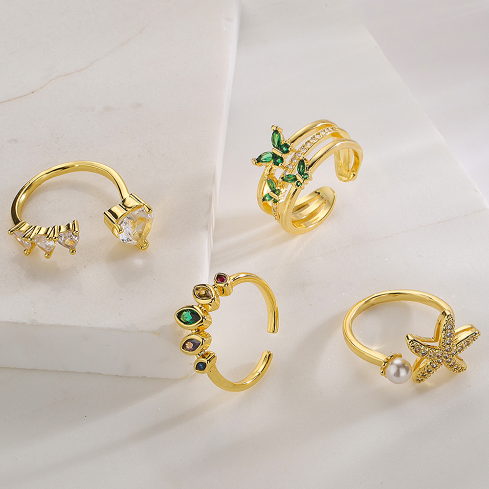 Fashion Leaf Starfish Butterfly Copper Gold Plated Pearl Zircon Open Ring