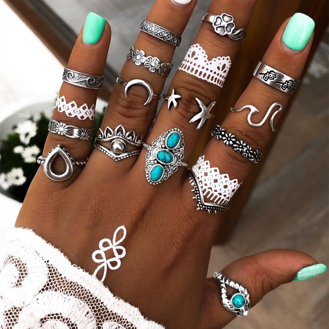 Retro Moon Flower Snake Alloy Plating Unisex Rings 15 Pieces