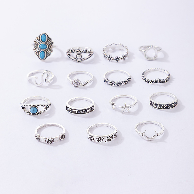 Retro Moon Flower Snake Alloy Plating Unisex Rings 15 Pieces