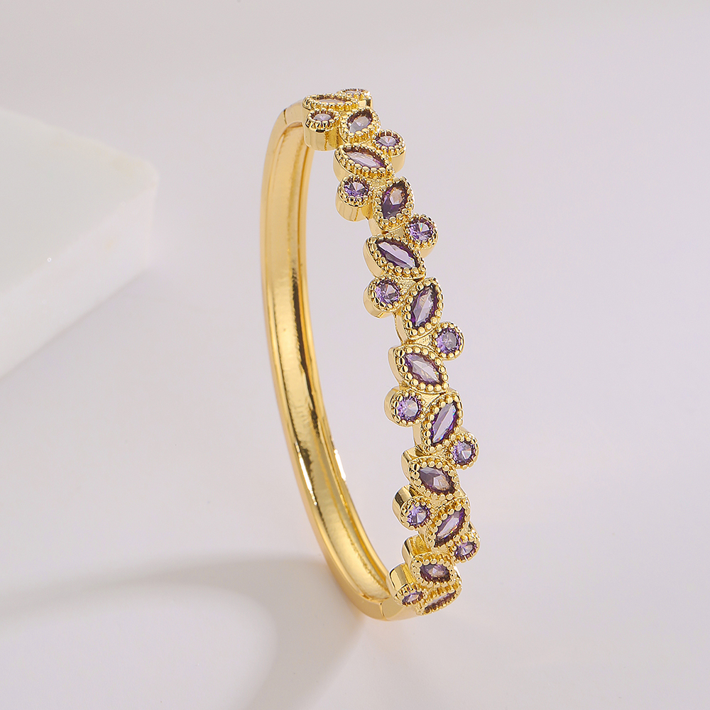 Fashion Leaf Copper Gold Plated Zircon Bangle 1 Piece