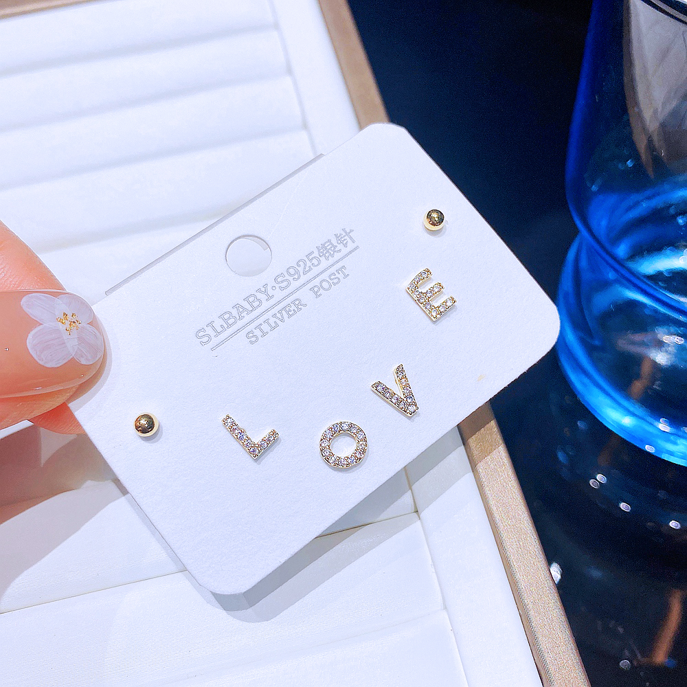 Fashion Love Letter Copper Plating Zircon Ear Studs 6 Pieces