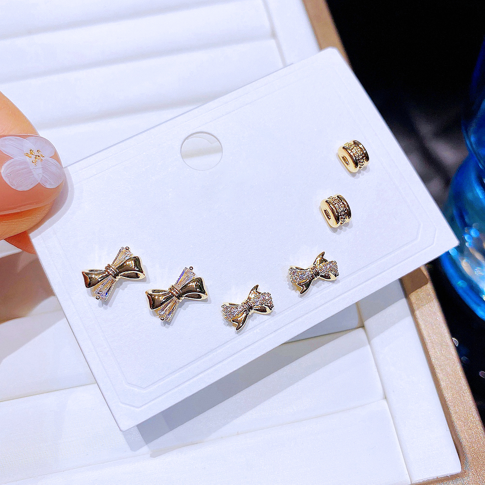 Fashion Bow Knot Copper Plating Zircon Ear Studs 3 Pairs