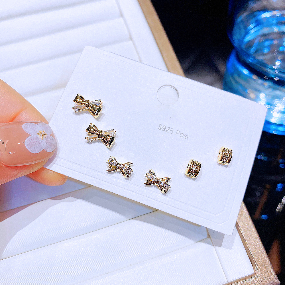 Fashion Bow Knot Copper Plating Zircon Ear Studs 3 Pairs