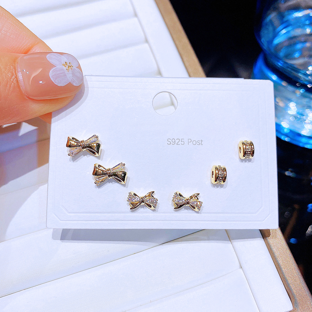 Fashion Bow Knot Copper Plating Zircon Ear Studs 3 Pairs