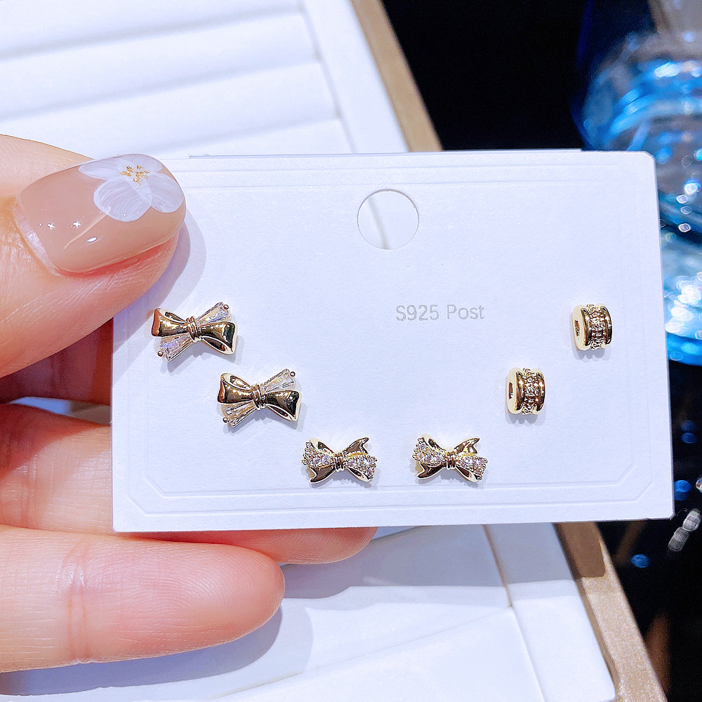 Fashion Bow Knot Copper Plating Zircon Ear Studs 3 Pairs