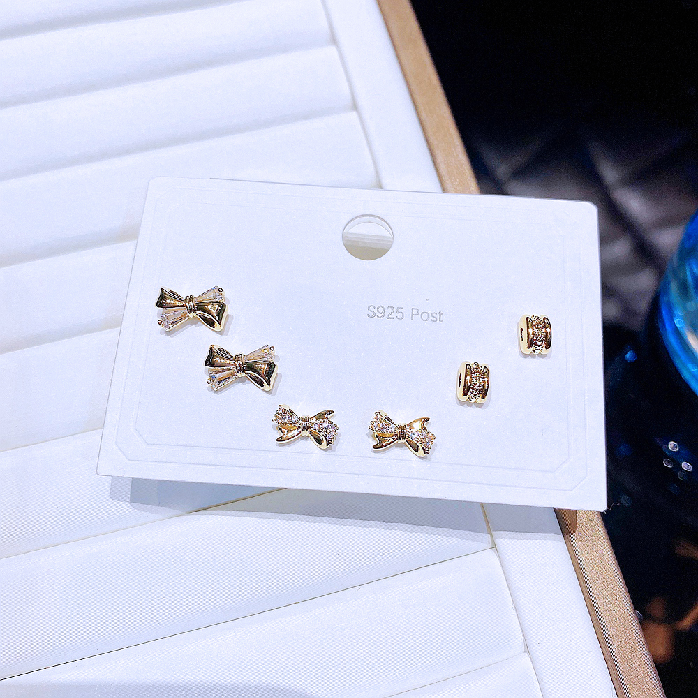 Fashion Bow Knot Copper Plating Zircon Ear Studs 3 Pairs