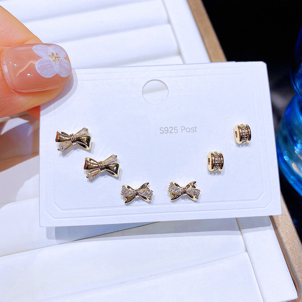 Fashion Bow Knot Copper Plating Zircon Ear Studs 3 Pairs