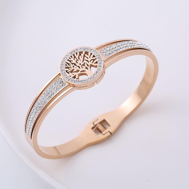Fashion Tree Stainless Steel Hollow Out Rhinestones Bangle 1 Piece