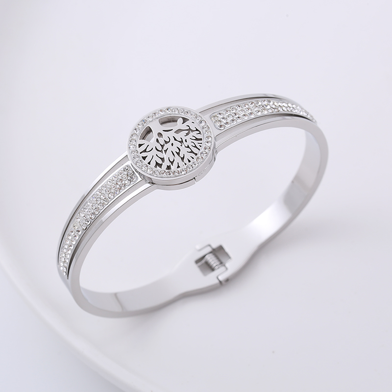 Fashion Tree Stainless Steel Hollow Out Rhinestones Bangle 1 Piece