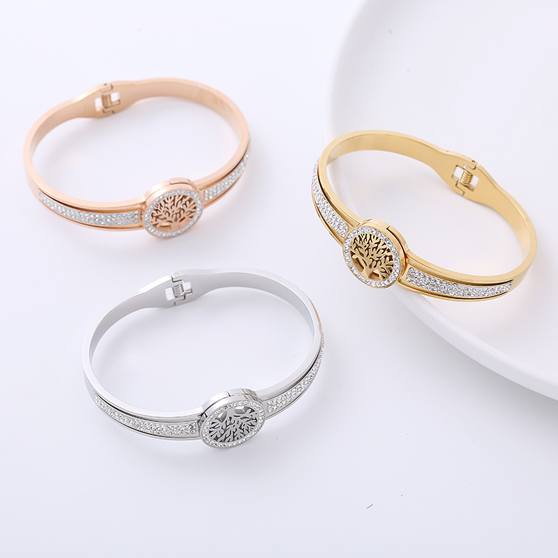 Fashion Tree Stainless Steel Hollow Out Rhinestones Bangle 1 Piece
