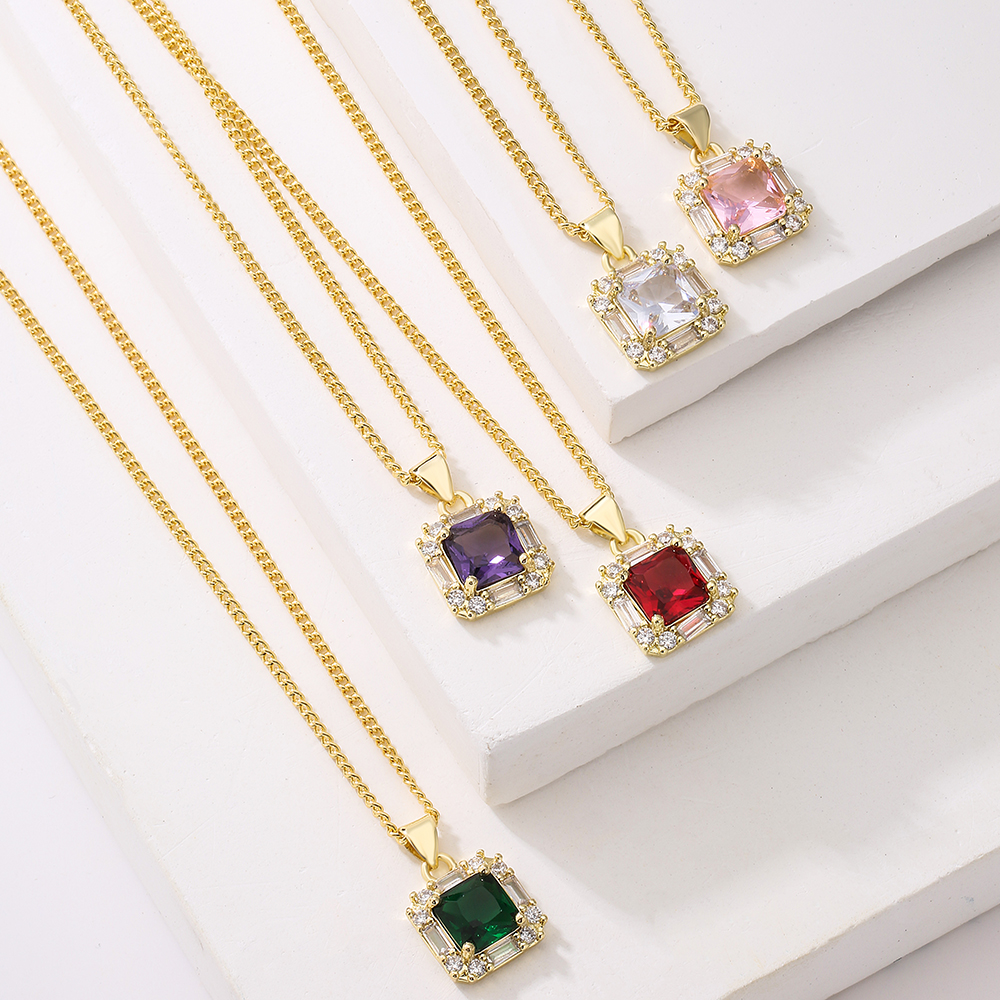 Fashion Square Copper Gold Plated Zircon Pendant Necklace