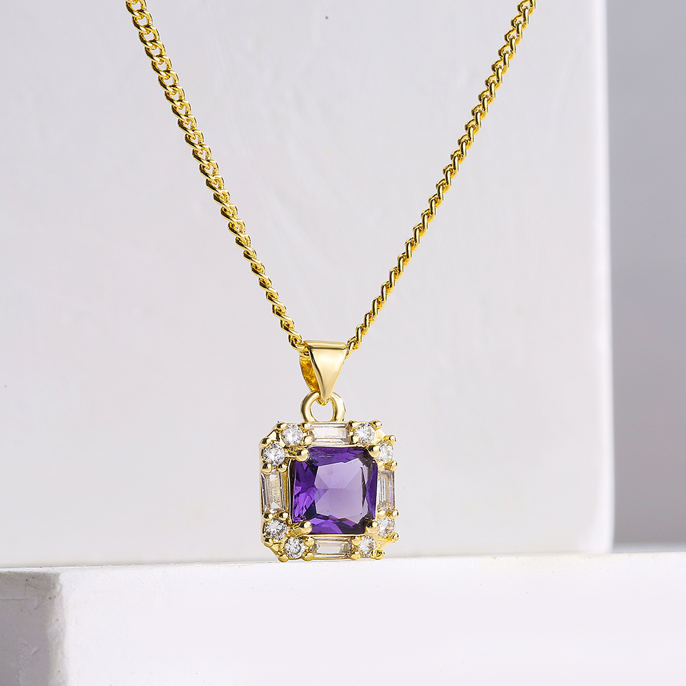 Fashion Square Copper Gold Plated Zircon Pendant Necklace