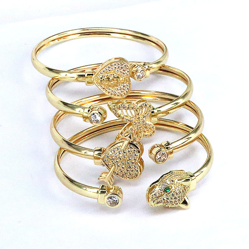 Fashion Heart Shape Butterfly Leopard Copper Gold Plated Zircon Bangle 1 Piece