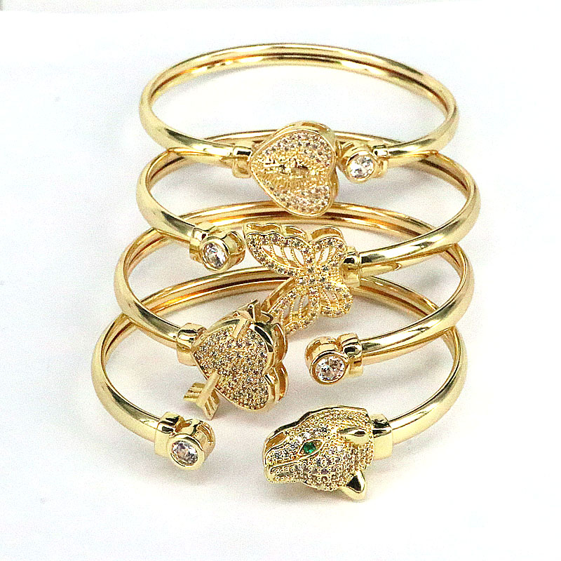 Fashion Heart Shape Butterfly Leopard Copper Gold Plated Zircon Bangle 1 Piece