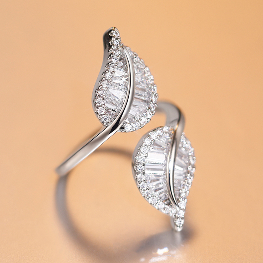 Fashion Leaf Copper Inlay Zircon Open Ring 1 Piece