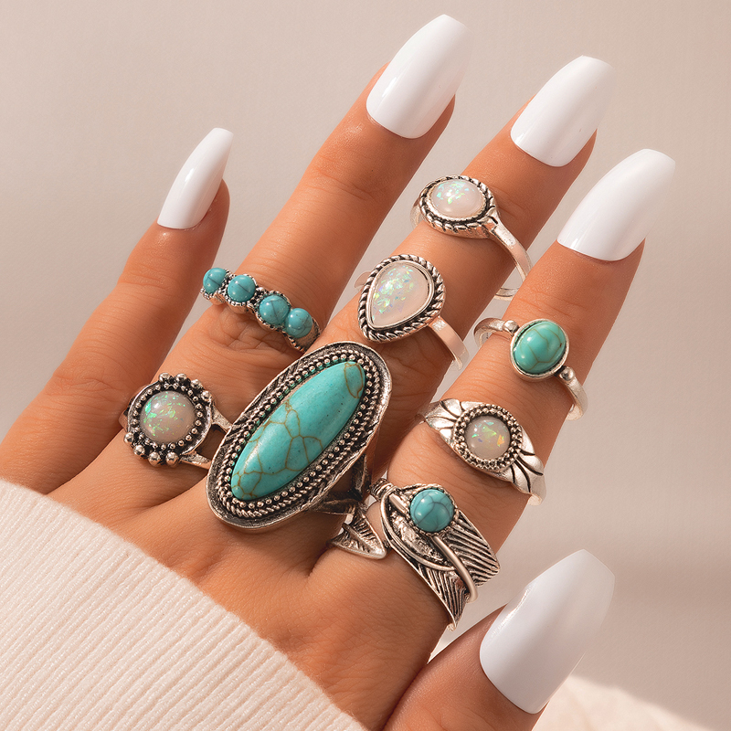 Ethnic Style Geometric Alloy Inlay Turquoise Womenu0027S Rings 8 Pieces