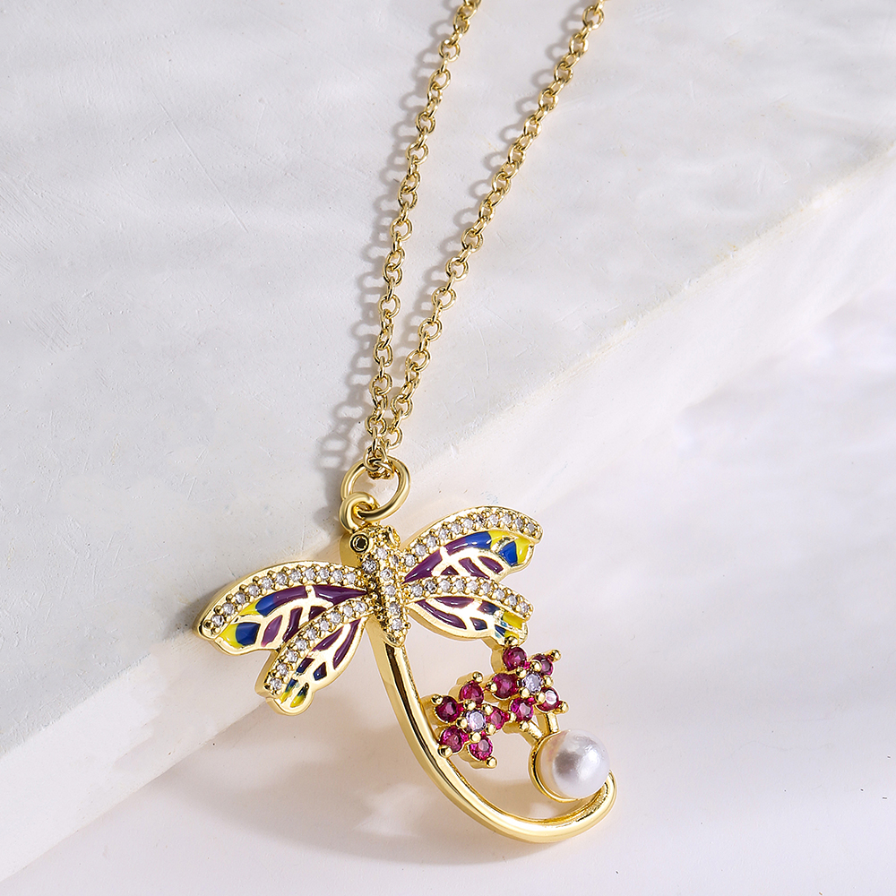 Fashion Dragonfly Butterfly Copper Gold Plated Zircon Pendant Necklace 1 Piece