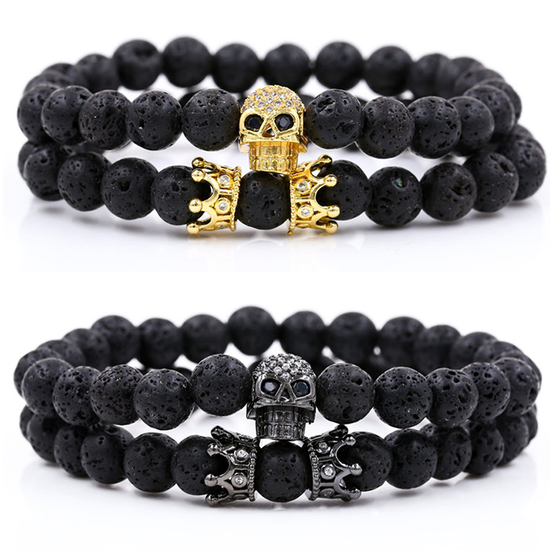 Fashion Skull Volcanic rock Beaded Inlay Artificial Gemstones Bracelets 2 Pieces