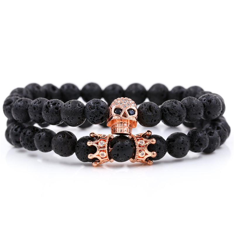 Fashion Skull Volcanic rock Beaded Inlay Artificial Gemstones Bracelets 2 Pieces