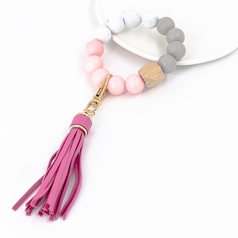 Fashion Round Rhombus Wood Silica Gel Flannel Tassel Bag Pendant Keychain 1 Piece