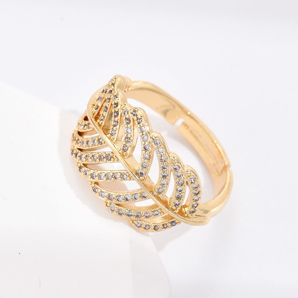 Fashion Leaf Copper Gold Plated Zircon Open Ring 1 Piece