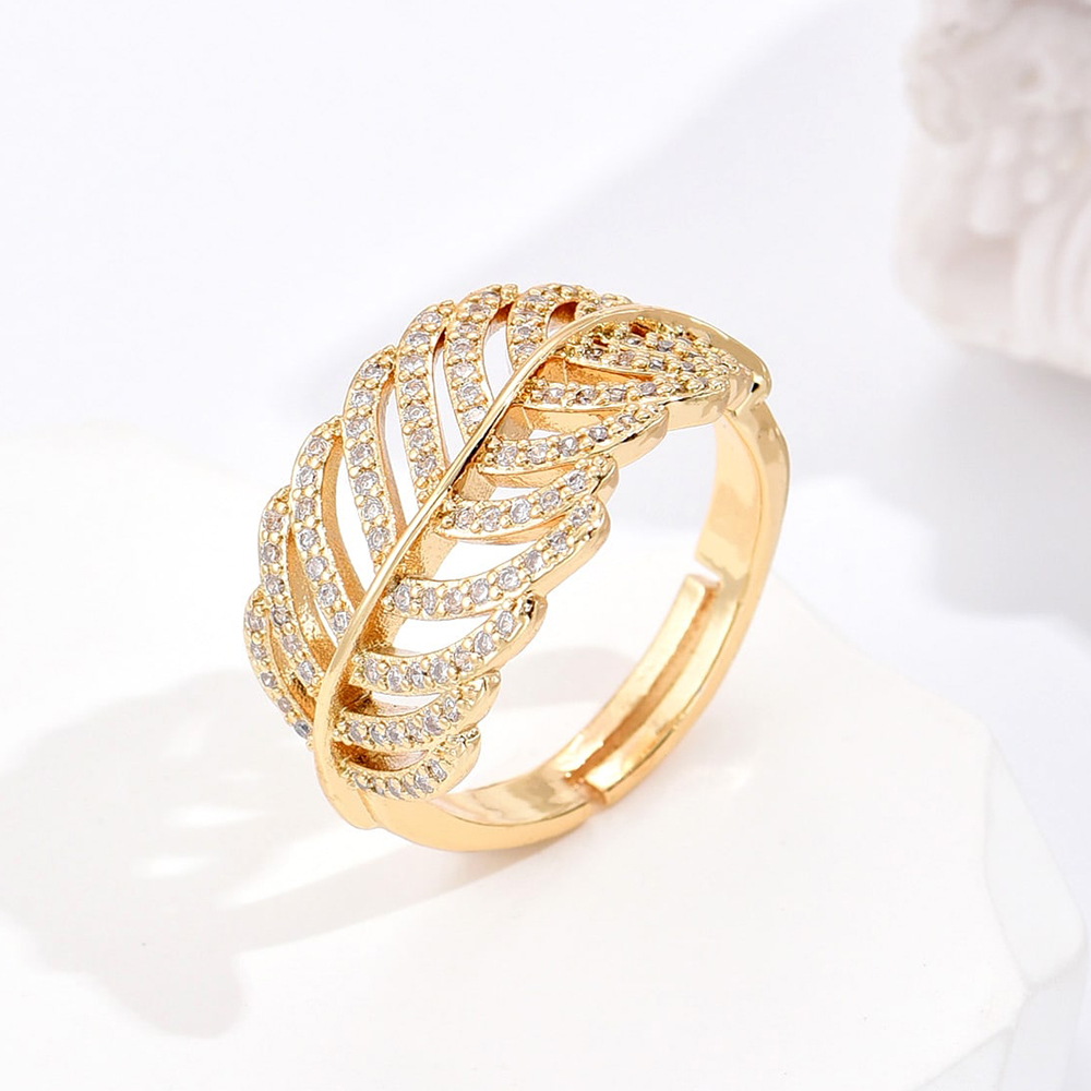 Fashion Leaf Copper Gold Plated Zircon Open Ring 1 Piece