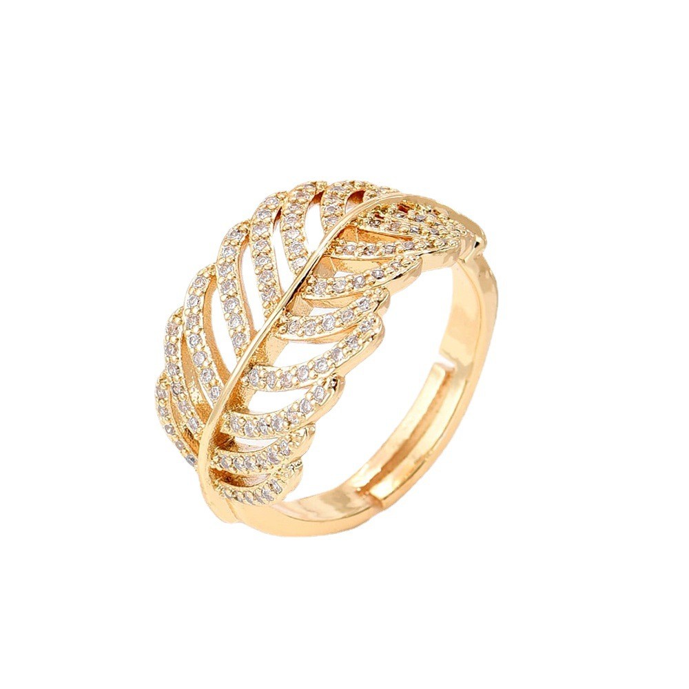 Fashion Leaf Copper Gold Plated Zircon Open Ring 1 Piece