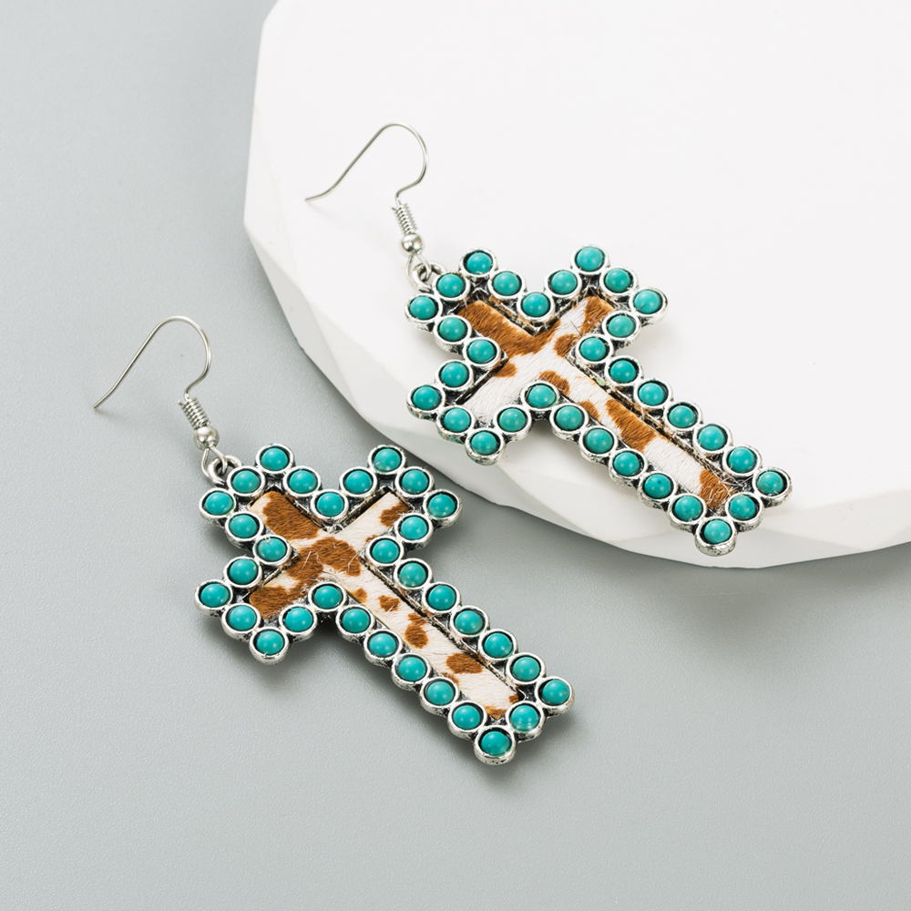 Retro Cross Leopard Alloy Inlay Turquoise Womenu0027S Ear hook 1 Pair