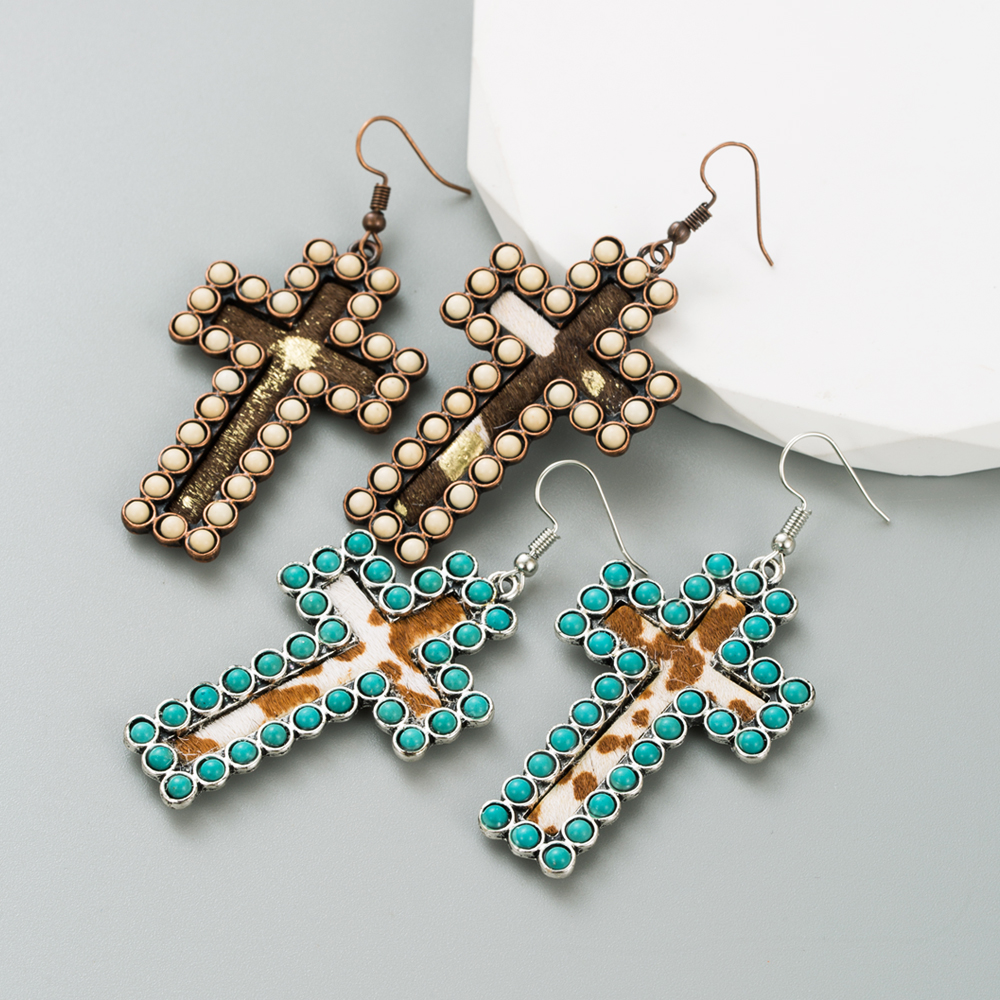 Retro Cross Leopard Alloy Inlay Turquoise Womenu0027S Ear hook 1 Pair