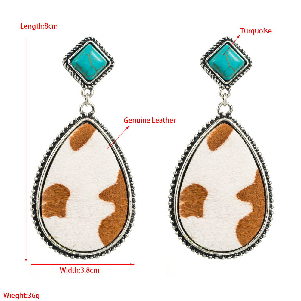 Retro Cow Pattern Water Droplets Leopard Pu Leather Alloy Inlay Turquoise Womenu0027S Drop Earrings 