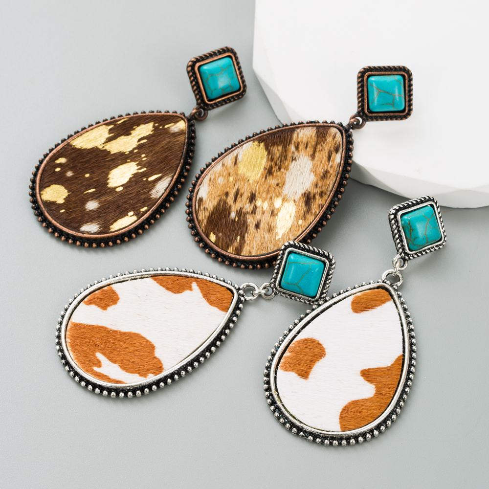 Retro Cow Pattern Water Droplets Leopard Pu Leather Alloy Inlay Turquoise Womenu0027S Drop Earrings 