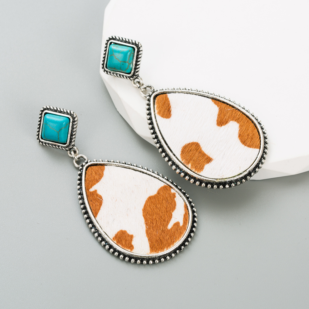 Retro Cow Pattern Water Droplets Leopard Pu Leather Alloy Inlay Turquoise Womenu0027S Drop Earrings 