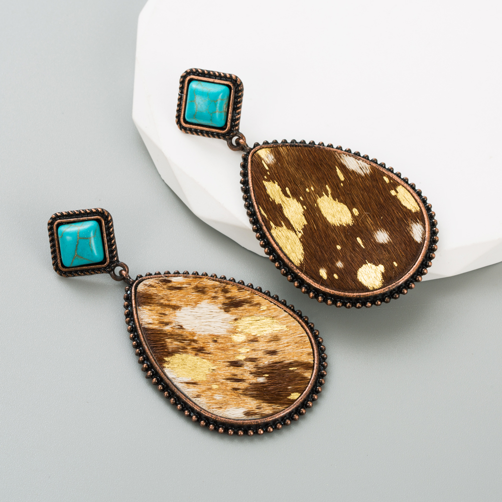 Retro Cow Pattern Water Droplets Leopard Pu Leather Alloy Inlay Turquoise Womenu0027S Drop Earrings 