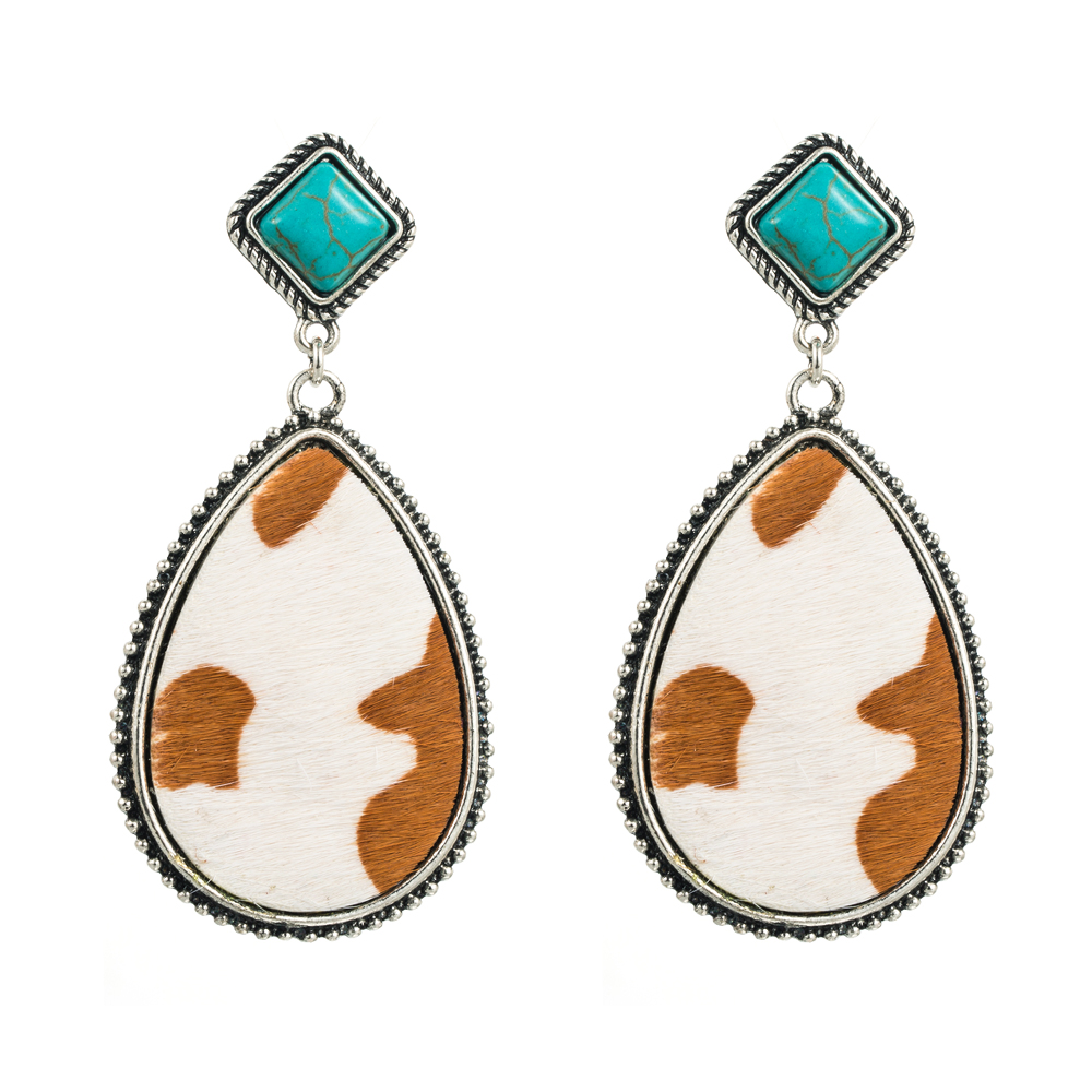 Retro Cow Pattern Water Droplets Leopard Pu Leather Alloy Inlay Turquoise Womenu0027S Drop Earrings 