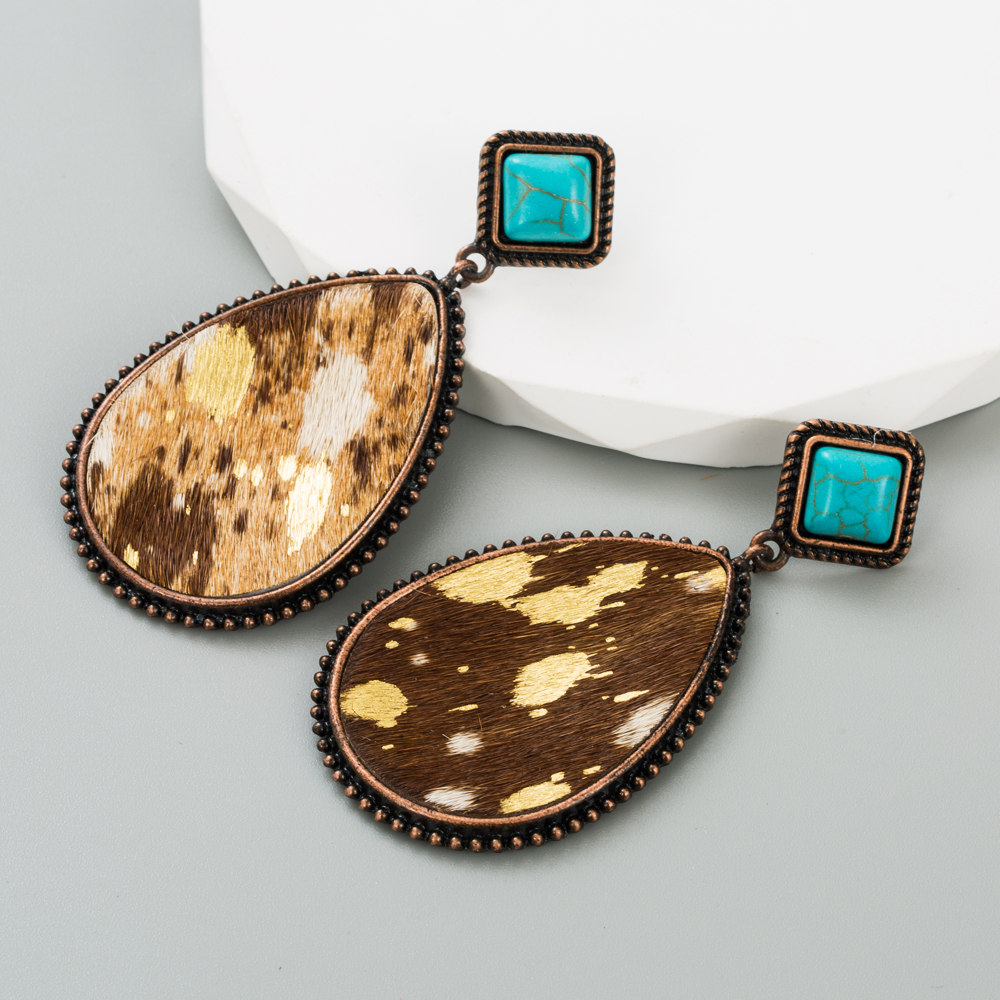 Retro Cow Pattern Water Droplets Leopard Pu Leather Alloy Inlay Turquoise Womenu0027S Drop Earrings 