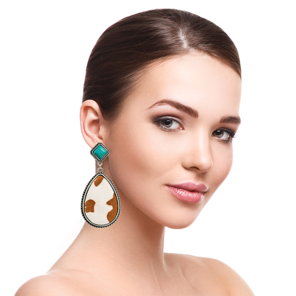 Retro Cow Pattern Water Droplets Leopard Pu Leather Alloy Inlay Turquoise Womenu0027S Drop Earrings 