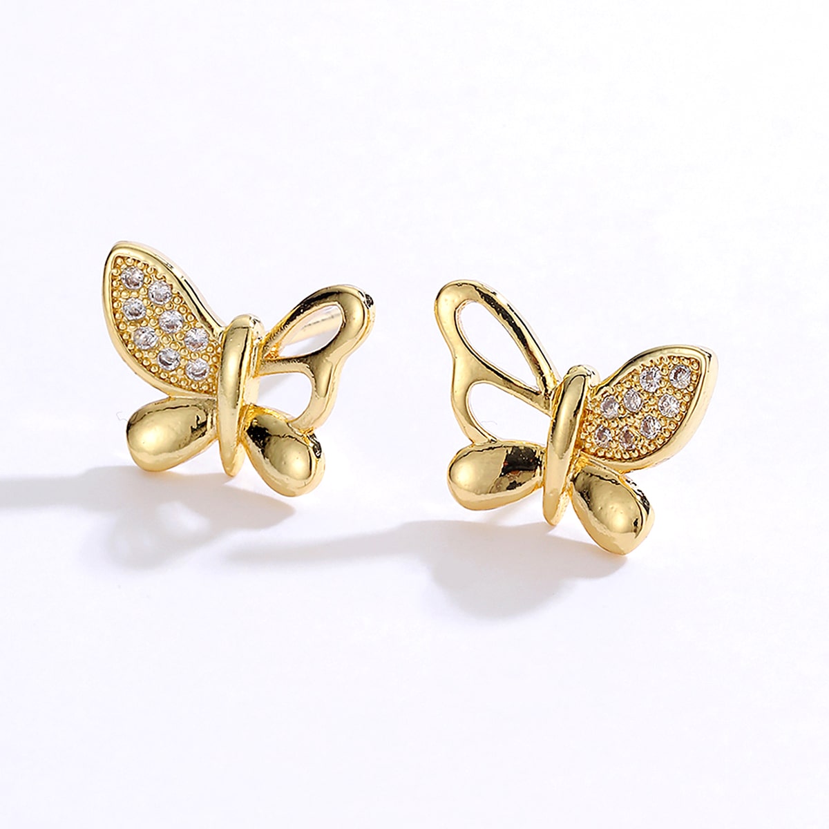 Simple Style Flower Butterfly Snowflake Copper Gold Plated Zircon Ear Studs 1 Pair