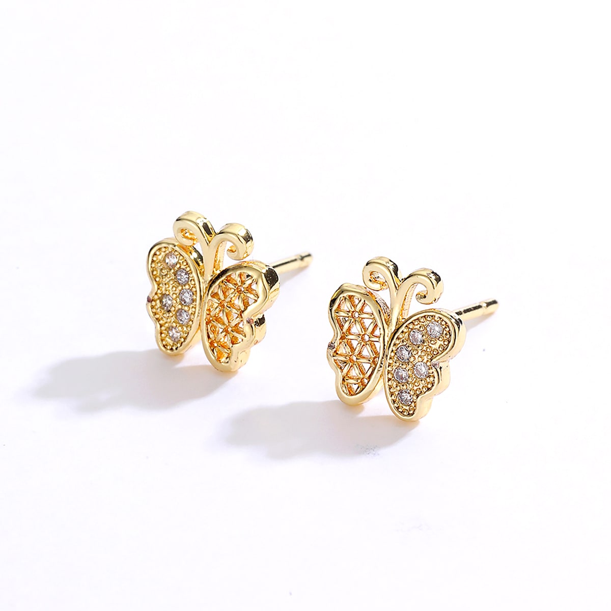 Simple Style Flower Butterfly Snowflake Copper Gold Plated Zircon Ear Studs 1 Pair