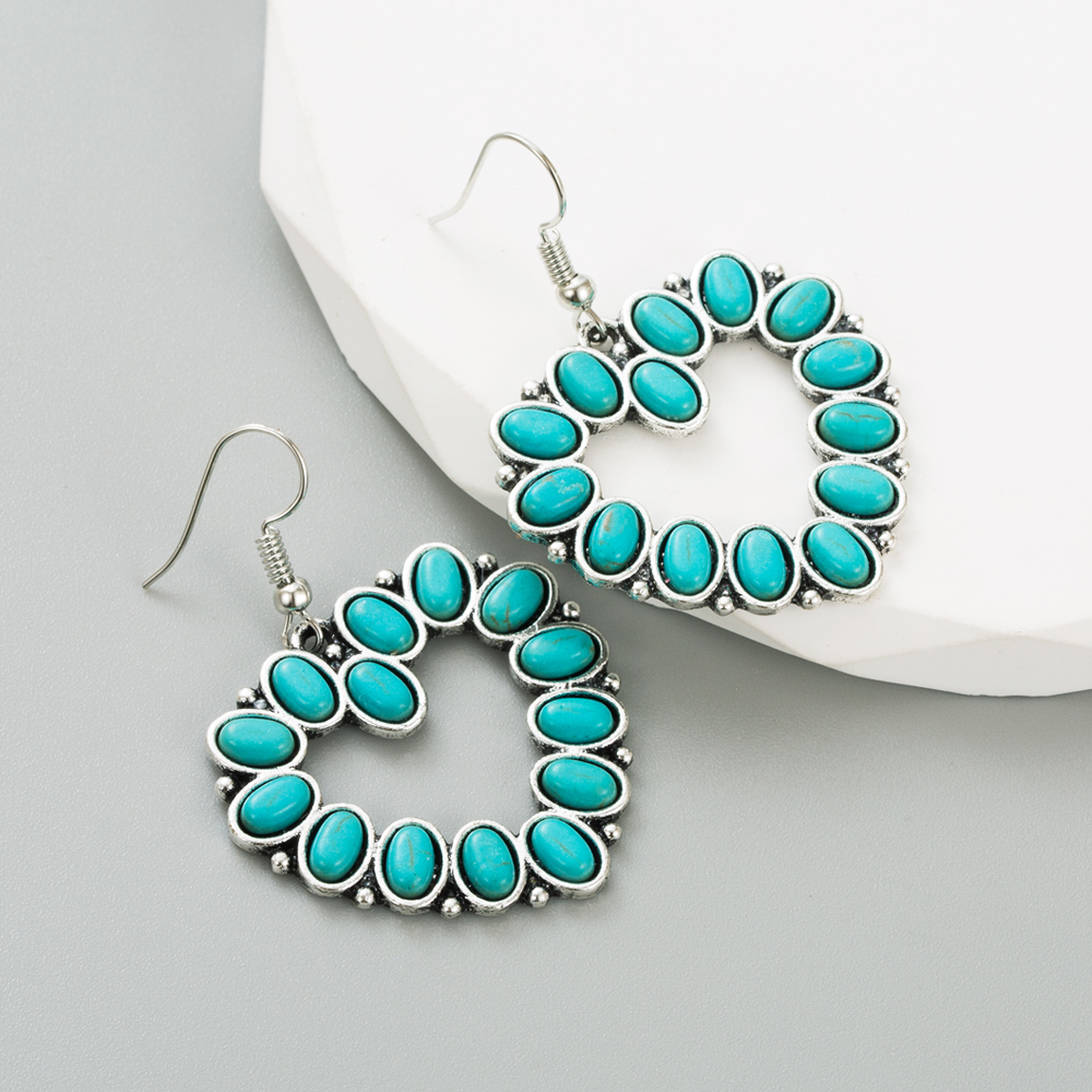 Retro Cross Water Droplets Heart Shape Alloy Inlay Turquoise Womenu0027S Drop Earrings 1 Pair