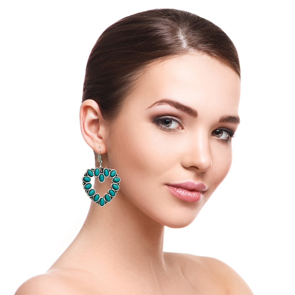 Retro Cross Water Droplets Heart Shape Alloy Inlay Turquoise Womenu0027S Drop Earrings 1 Pair