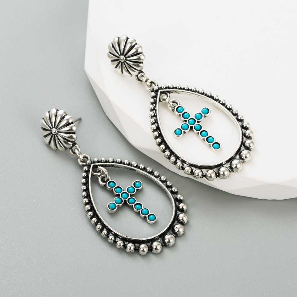 Retro Cross Water Droplets Heart Shape Alloy Inlay Turquoise Womenu0027S Drop Earrings 1 Pair